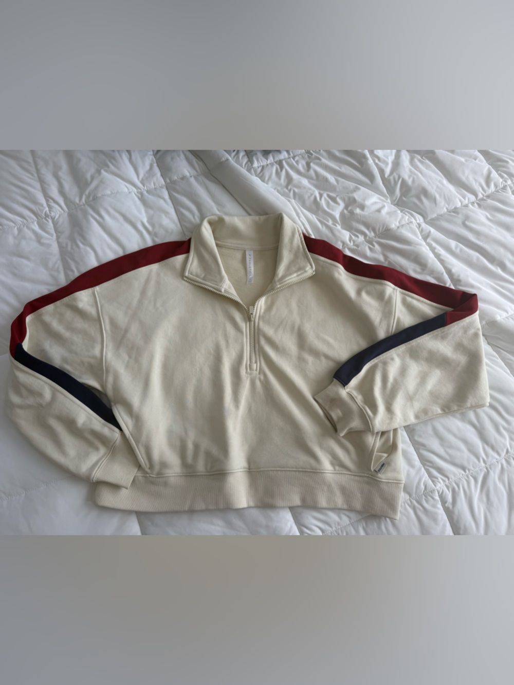 Fabletics Quarter-Zip Pullover Sweatshirt with Red and Navy Stripe on sleeve